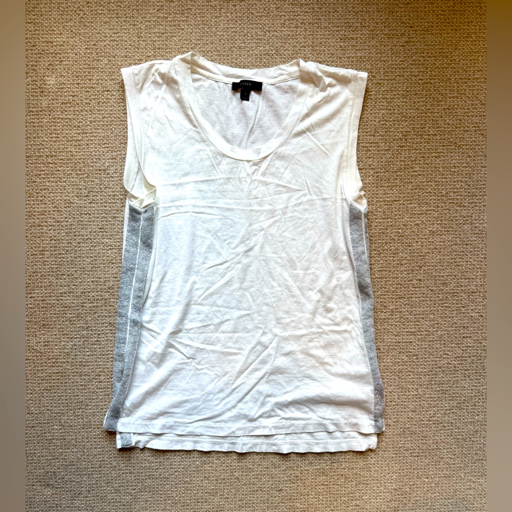 J Crew white sleeveless tank top with silver sparkly side stripes in size xs